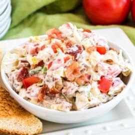 BLT dip in a white bowl with toast triangles.