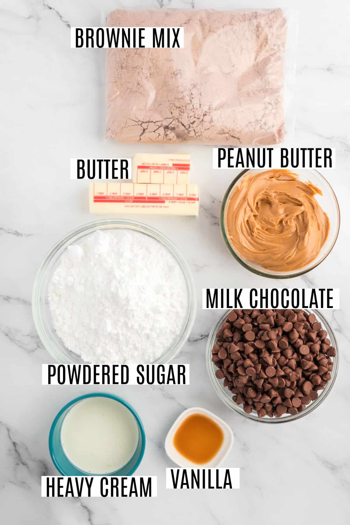 Ingredients needed to make buckeye brownies.