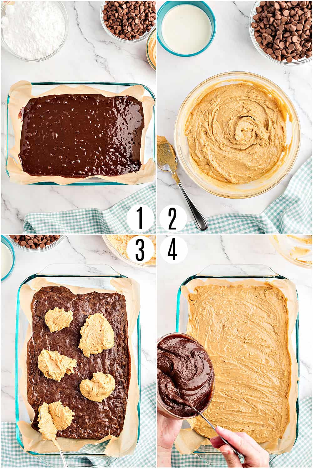 Step by step photos showing how to make buckeye brownies.