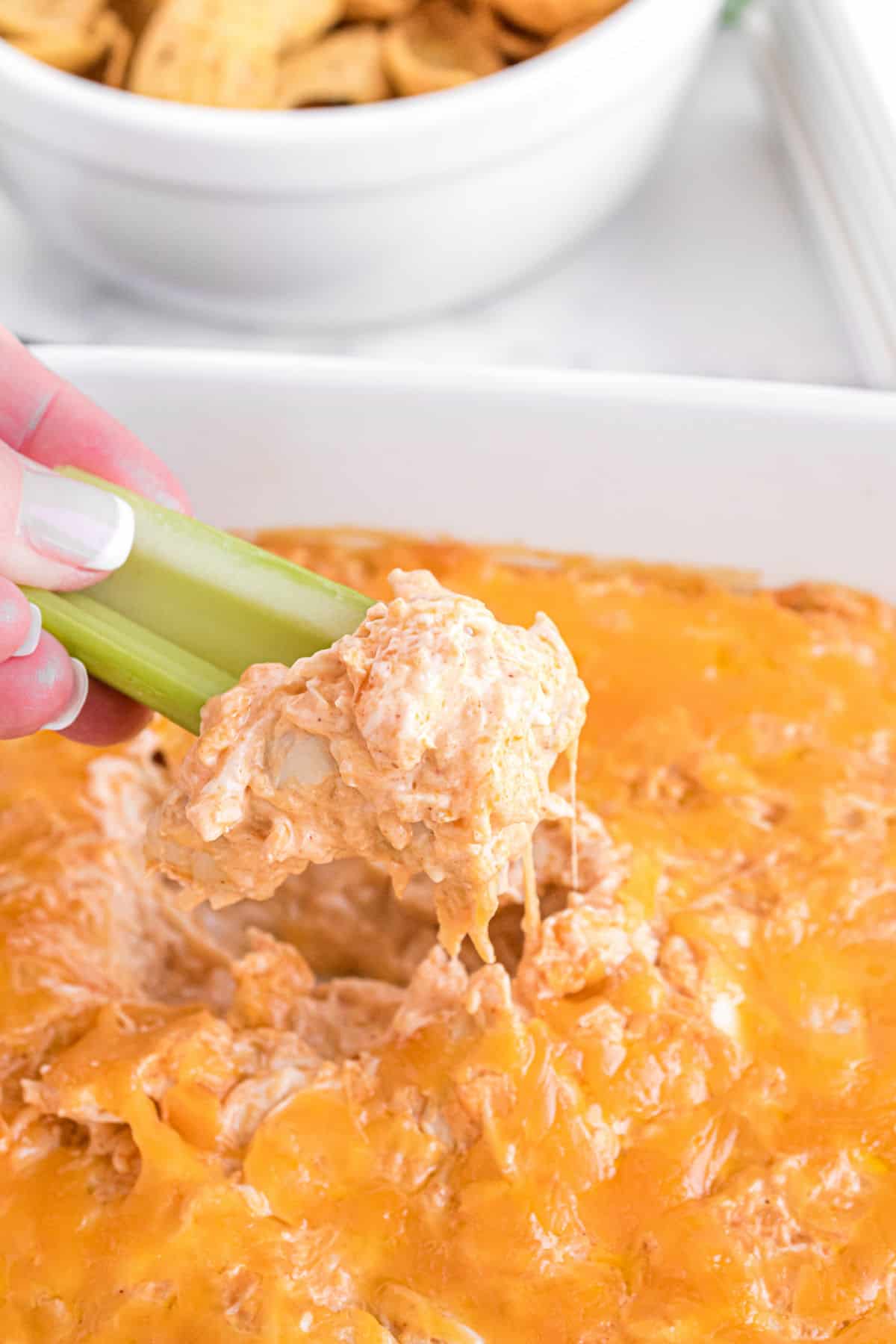 Buffalo chicken dip being scooped with celery.