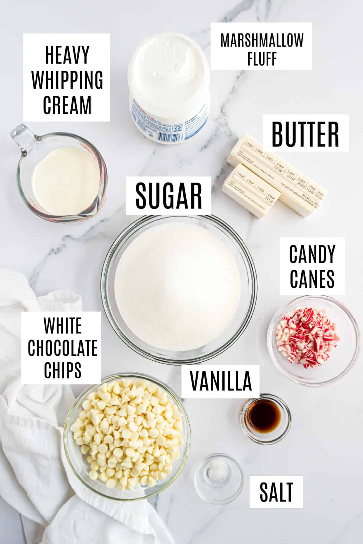 Ingredients needed to make candy cane fudge.