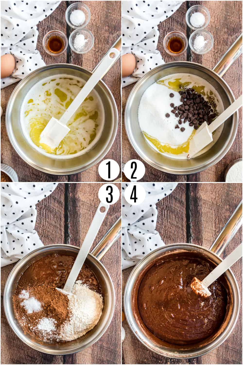 Step by step photos showing how to make brownies from scratch in one pan.