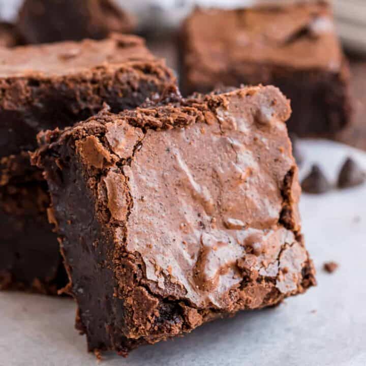 Thick squares of bakery style brownies made from scratch.