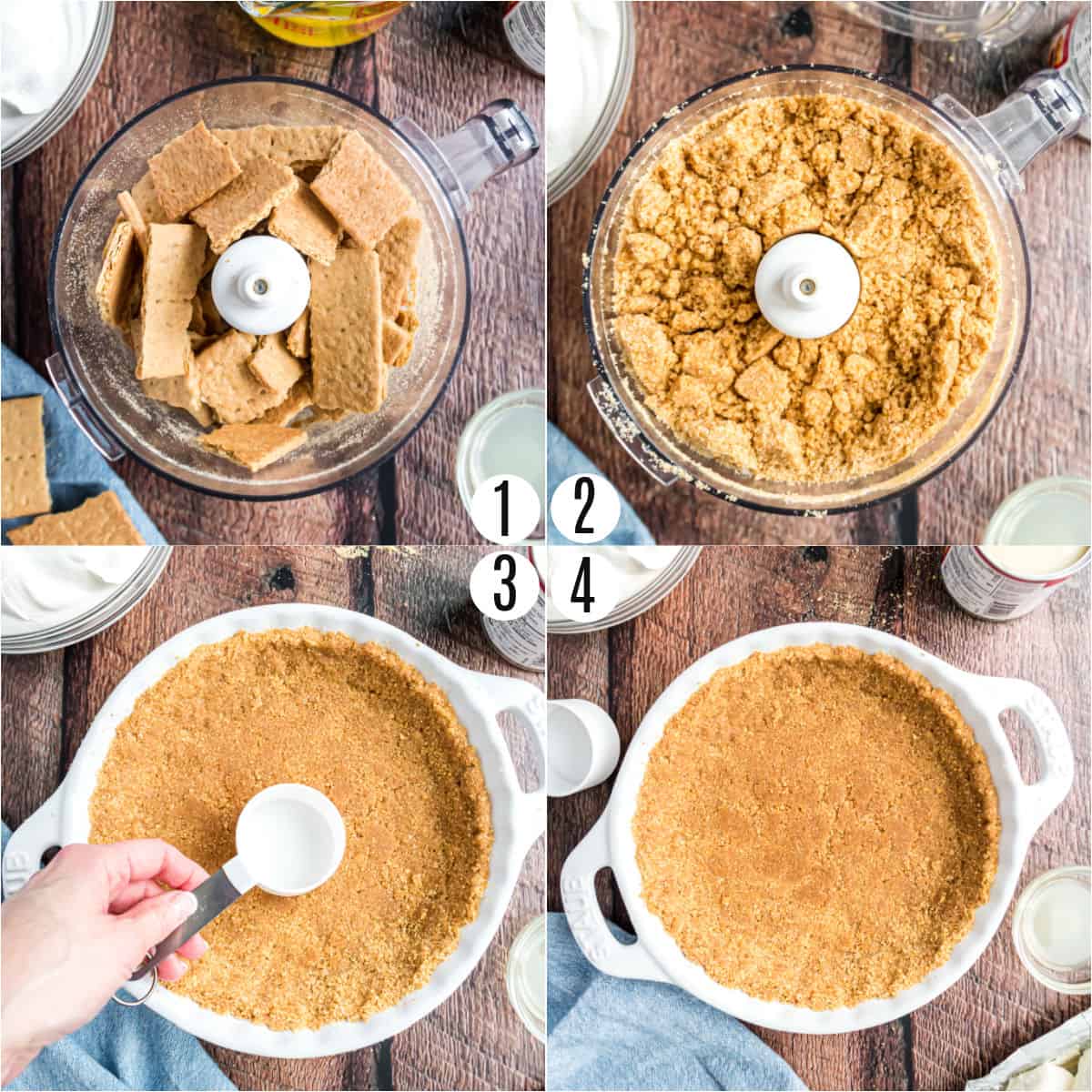 Step by step photos showing how to make a graham cracker crust.