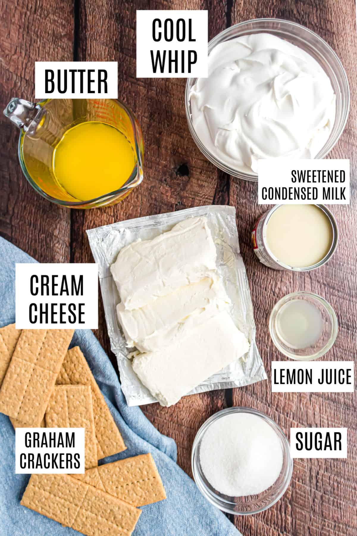 Ingredients needed for no bake cheesecake.