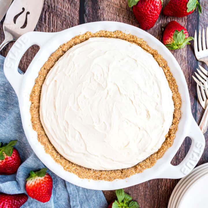 Easy to make with simple ingredients, this No Bake Cheesecake is perfect any time of year. Top with cherry pie filling or fresh berries for more delicious sweetness or enjoy it on its own.