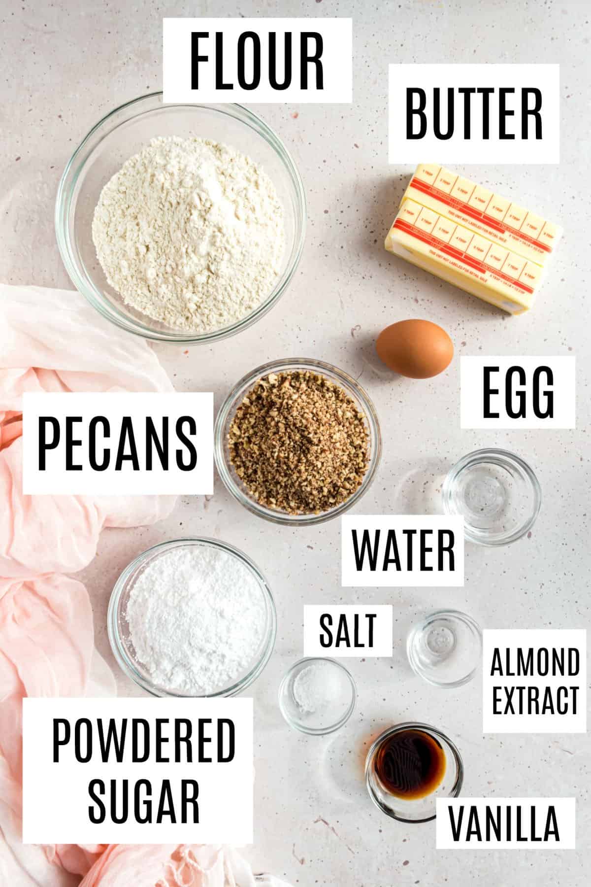 Ingredients needed to make snowball cookies.