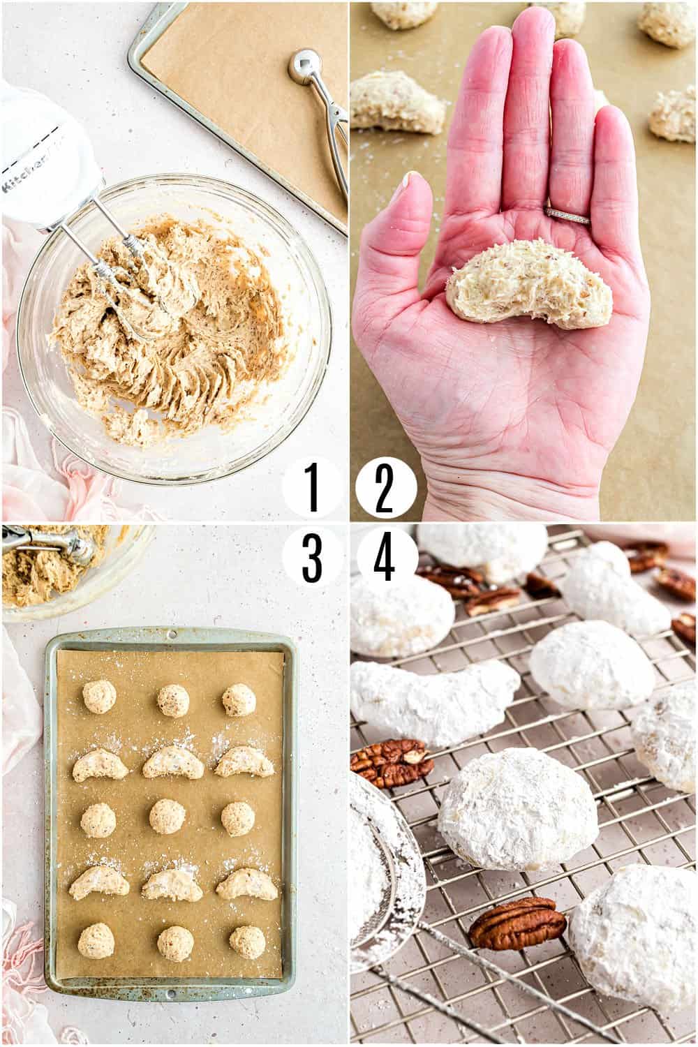 Step by step photos showing how to make snowball cookies.