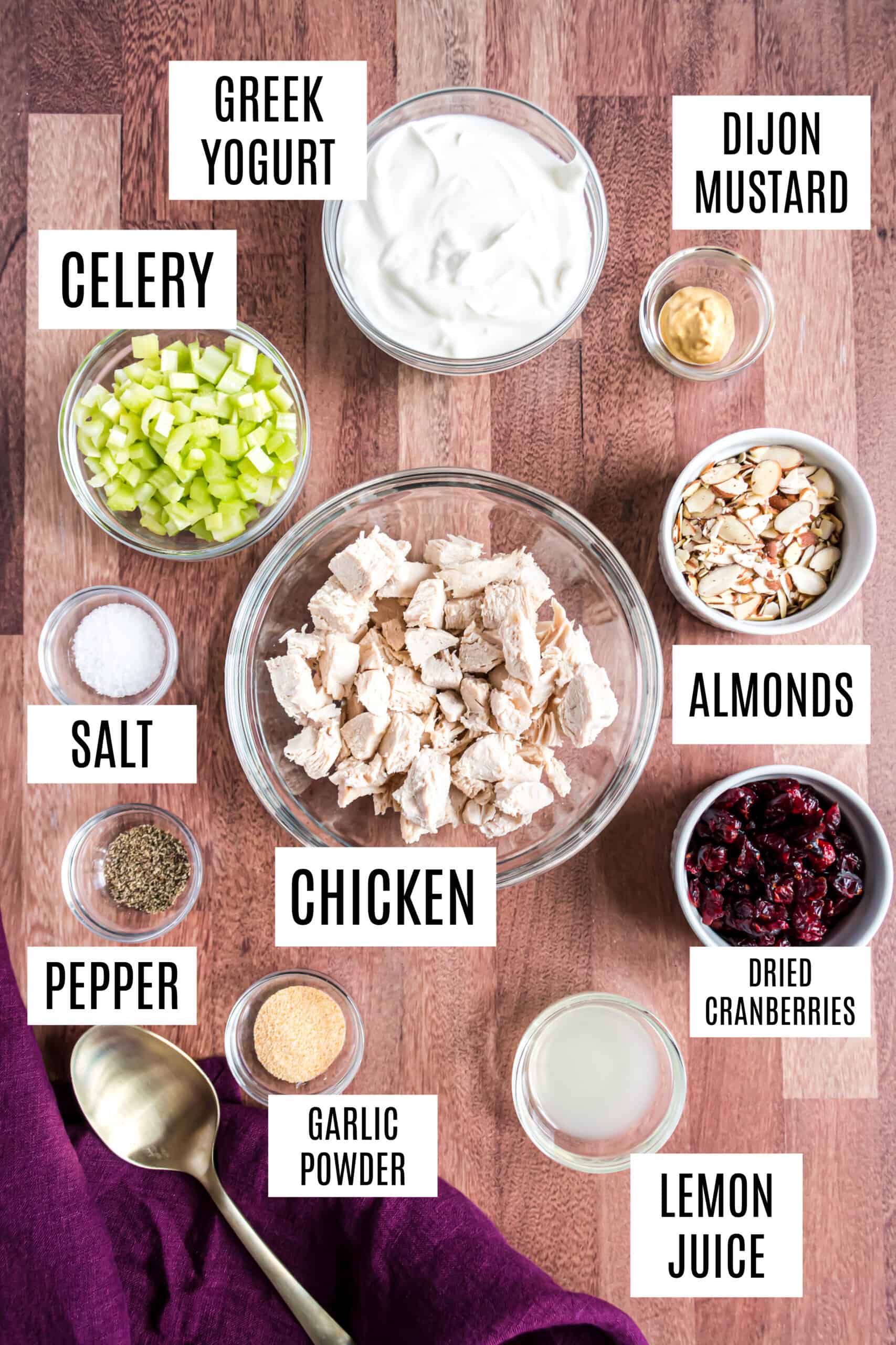 Ingredients needed to make healthy chicken salad.