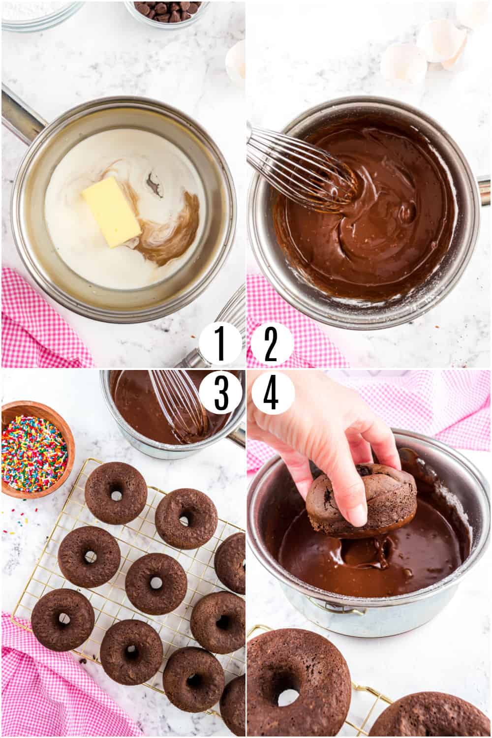 Step by step photos showing how to make chocolate glaze for donuts