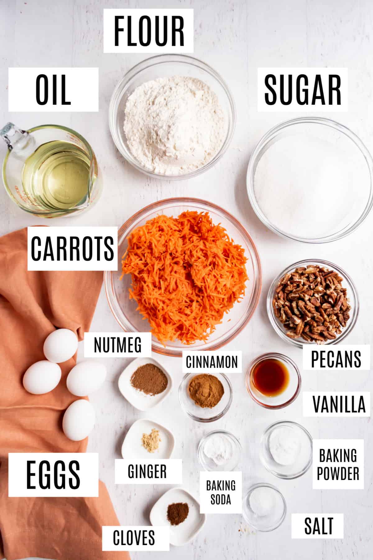 Ingredients needed to make a carrot cake.