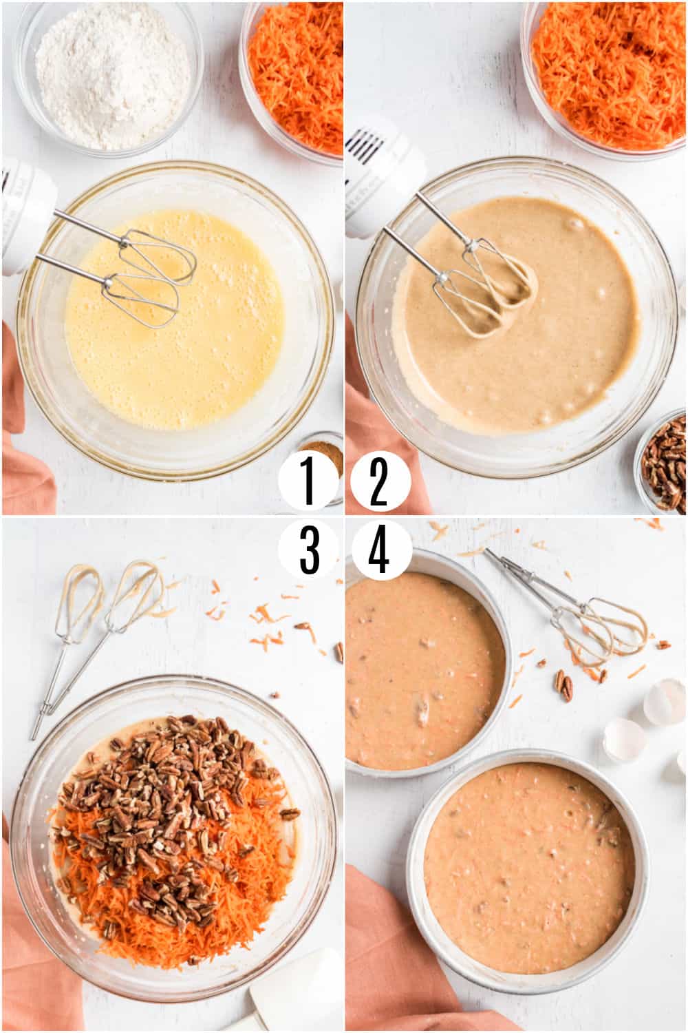 Step by step photos showing how to make carrot cake.