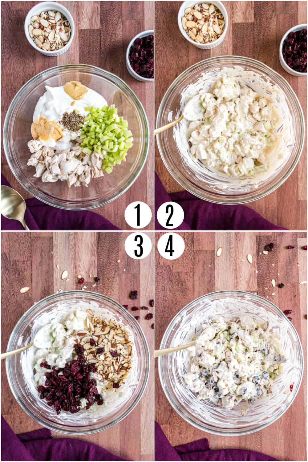 Step by step photos showing how to make chicken salad.