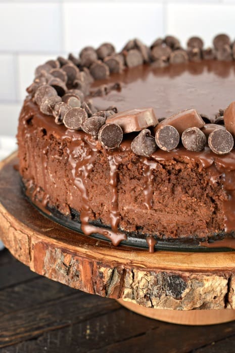 Rich, creamy, decadent Triple Dark Chocolate Cheesecake is the ultimate dessert. With my tips and tricks you can impress your friends and family with this chocolate cheesecake recipe! Side view of chocolate cheesecake with dripping ganache.