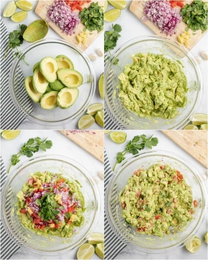 Step by step photos showing how to make guacamole.