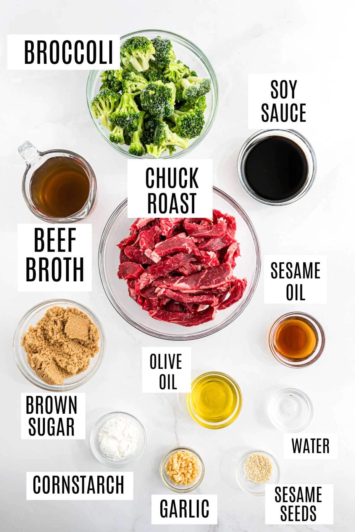 Ingredients for instant pot beef broccoli stir-fry, each labeled: beef, broccoli, sauces, oil, brown sugar, garlic, and cornstarch.