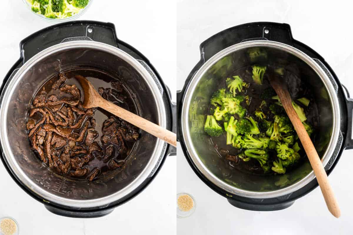 Two Instant Pots: one with tender instant pot beef in savory sauce, the other with beef and broccoli being mixed gently with a wooden spoon.