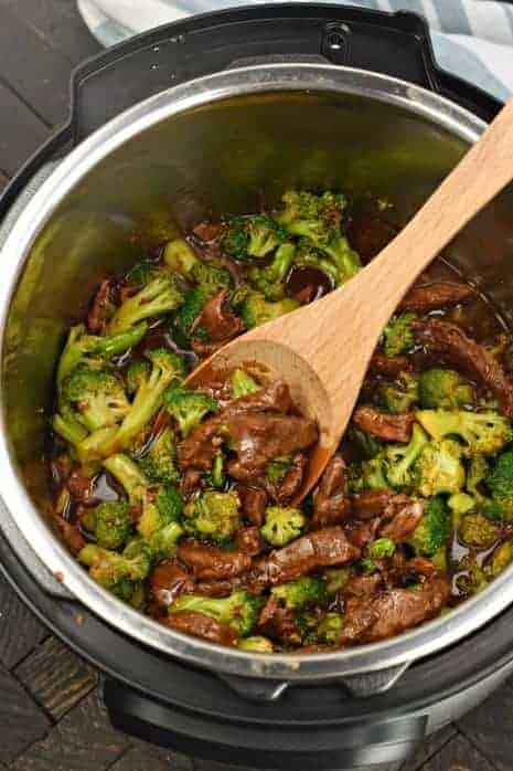 Sliced beef broccoli in the Instant Pot