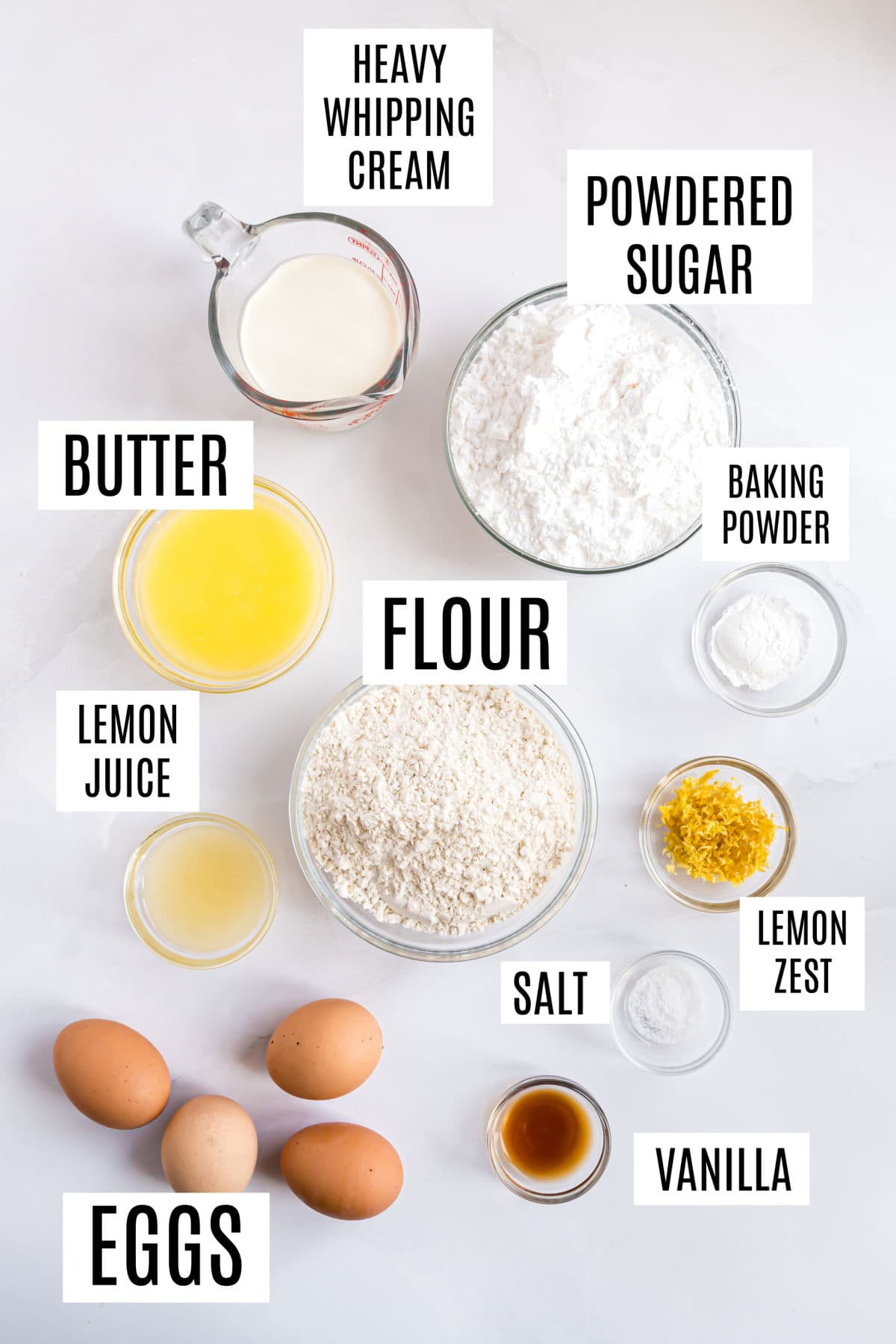 Ingredients needed to make lemon bundt cake.