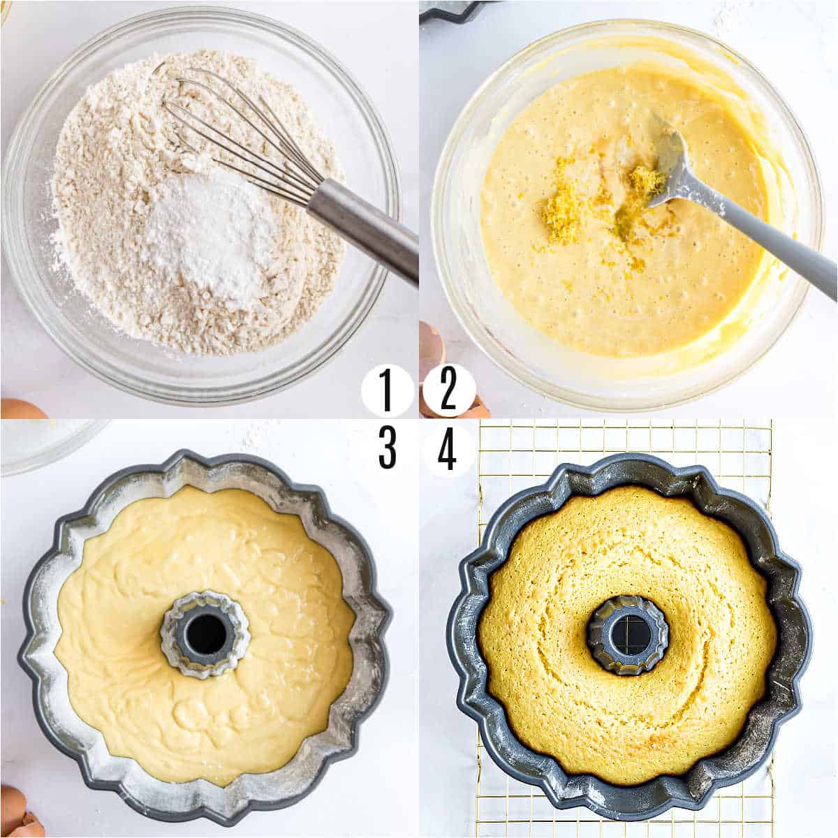Step by step photos showing how to make lemon bundt cake.
