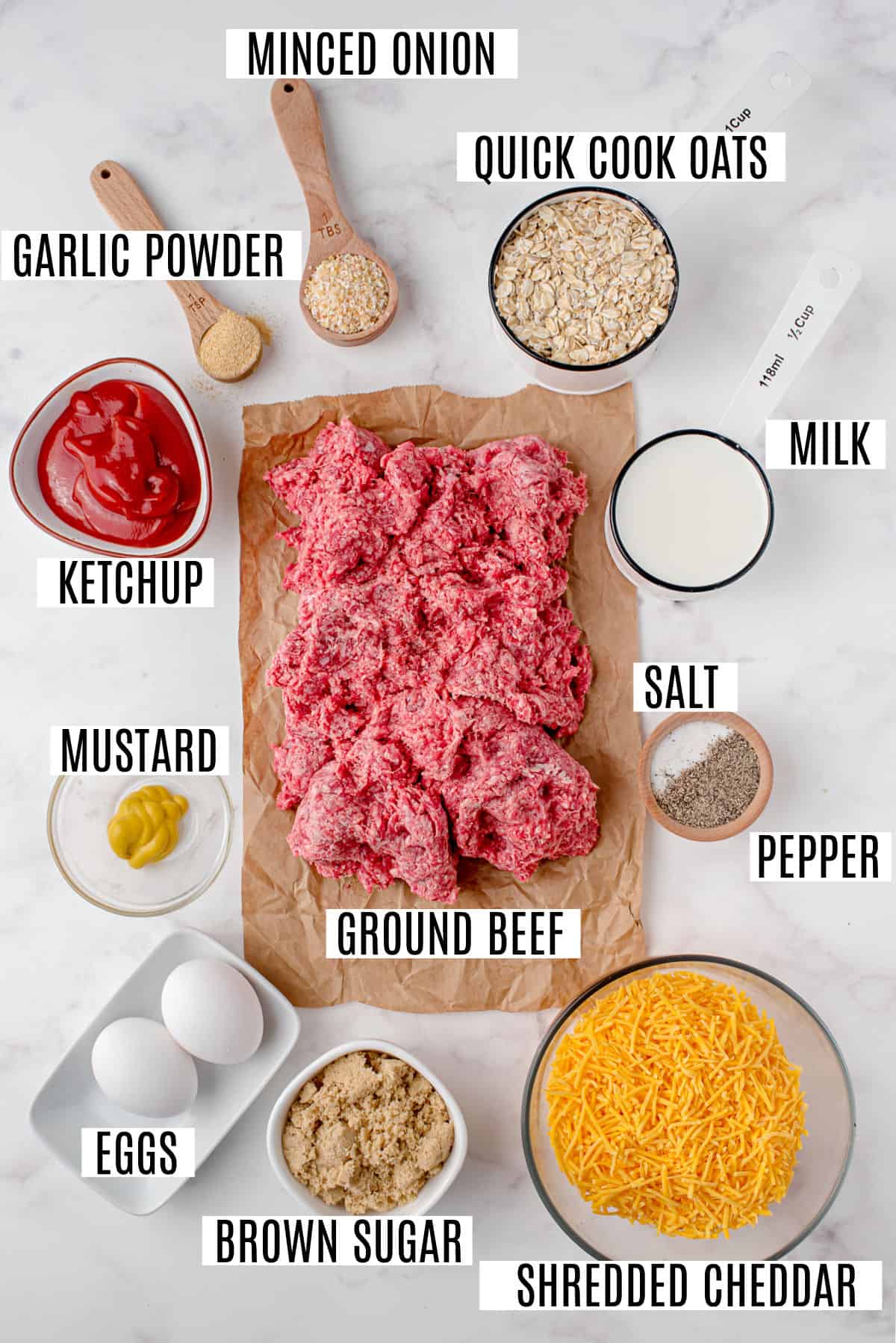 Ingredients needed for the best meatloaf with glaze.