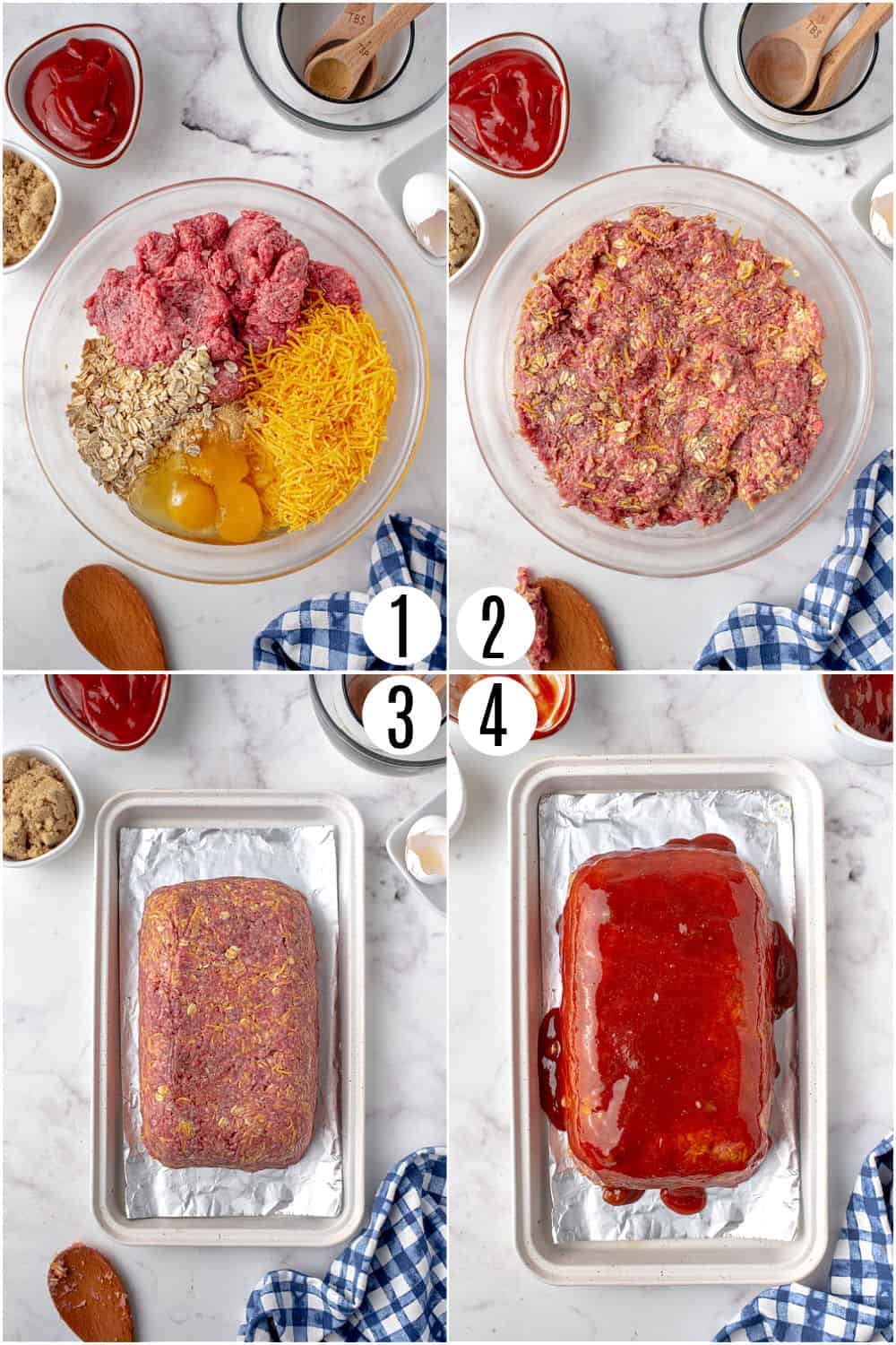 Step by step photos showing how to make meatloaf.