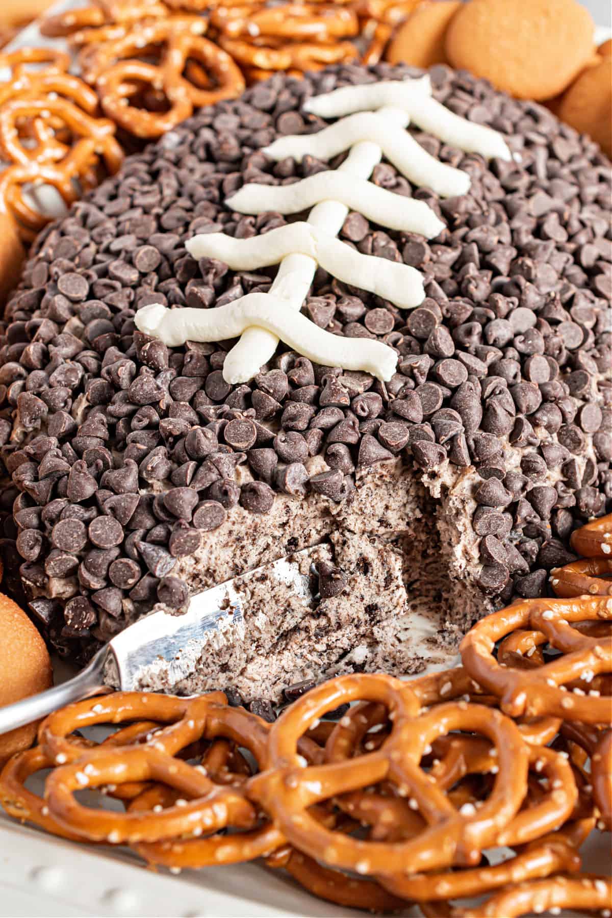 Cookies and cream cheeseball shaped like a football.