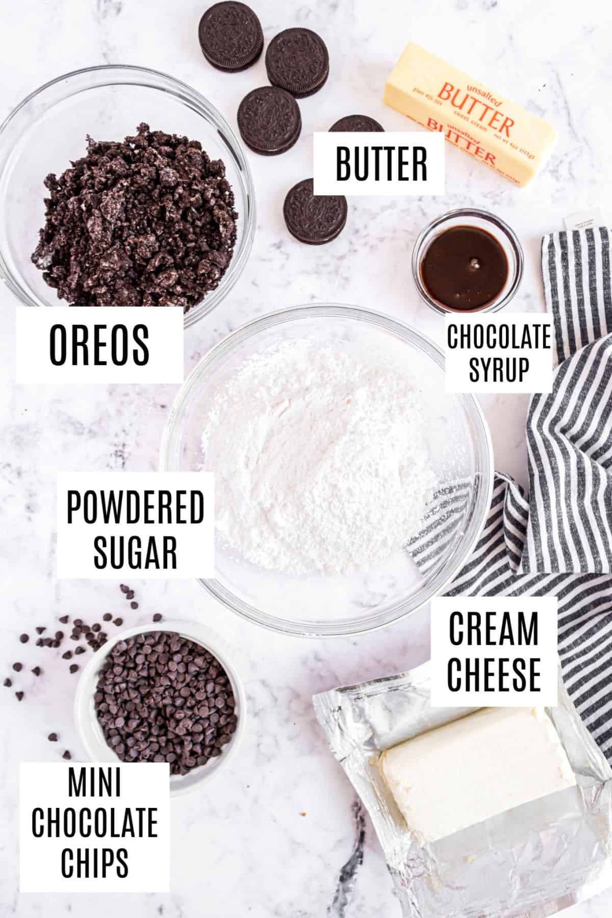 Ingredients needed for cookies and cream cheese ball recipe.