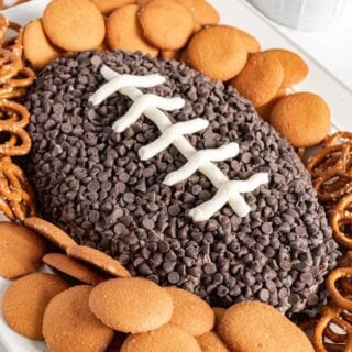 Cookies and cream cheese ball shaped like a football for game day.