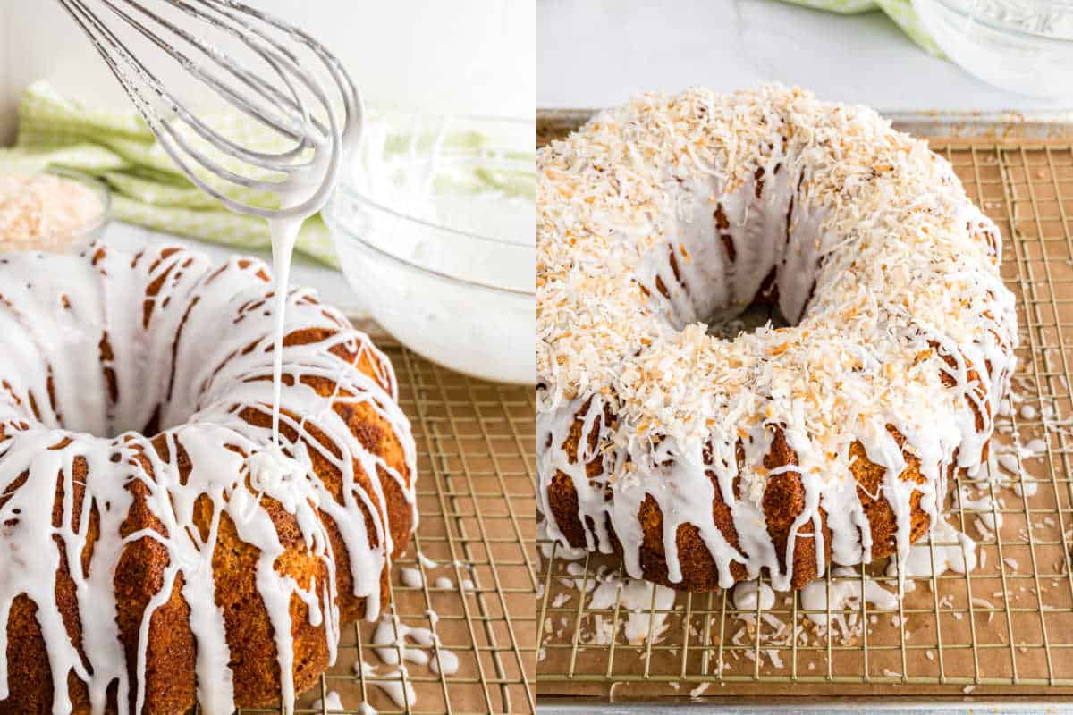 Step by step photos showing how to glaze a pineapple cake.