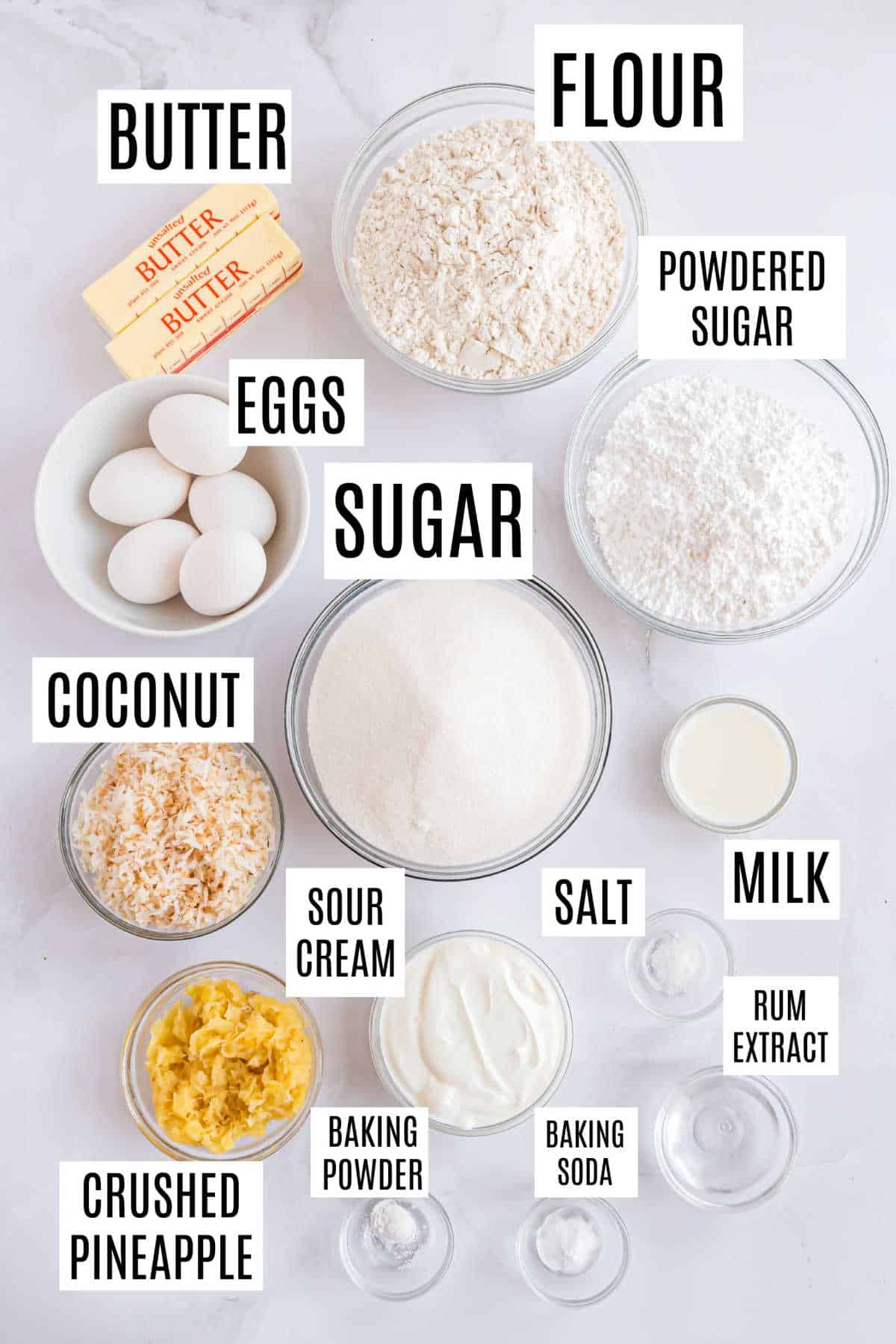 Ingredients needed to make pina colada pound cake.