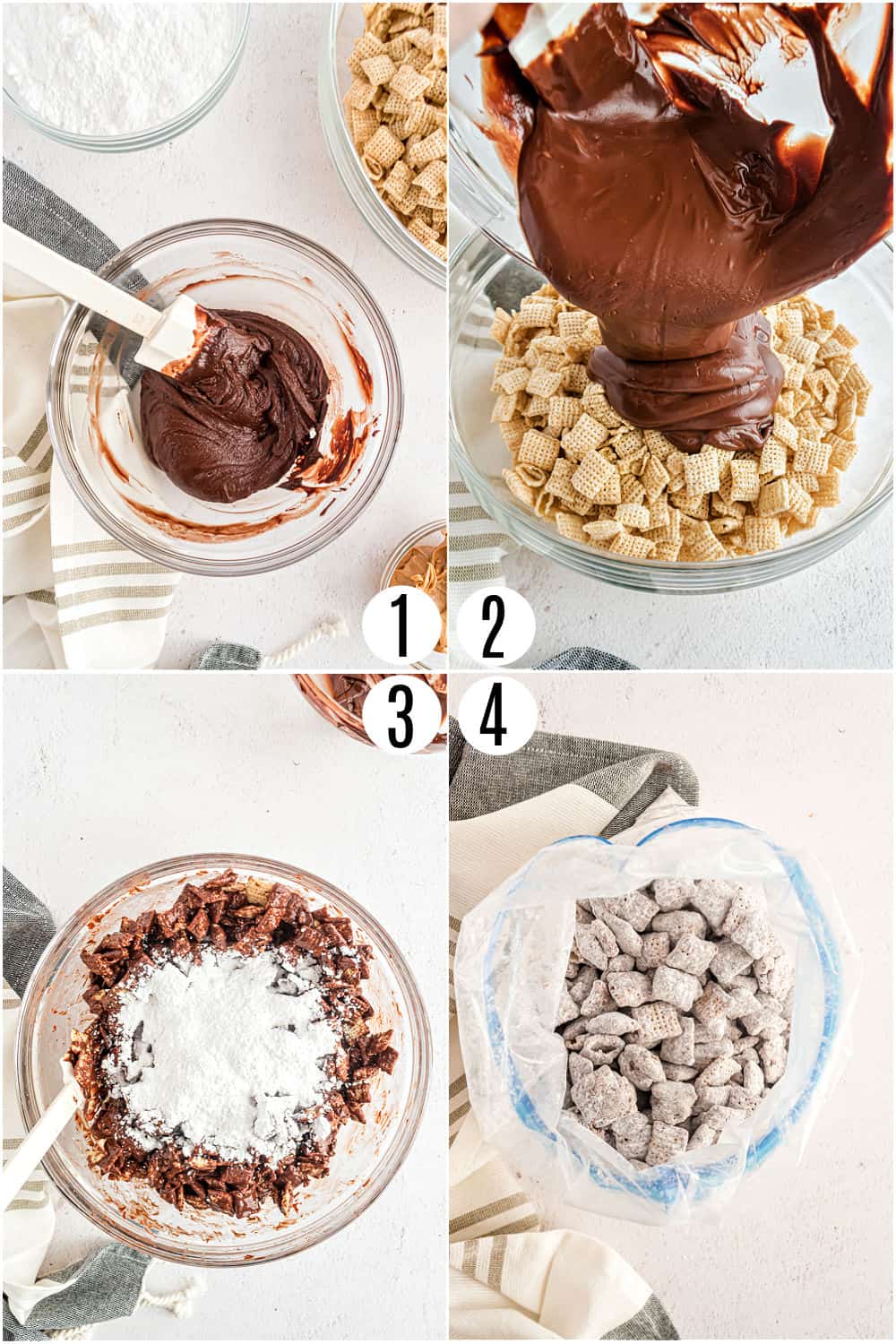 Step by step photos showing how to make puppy chow, muddy buddies.