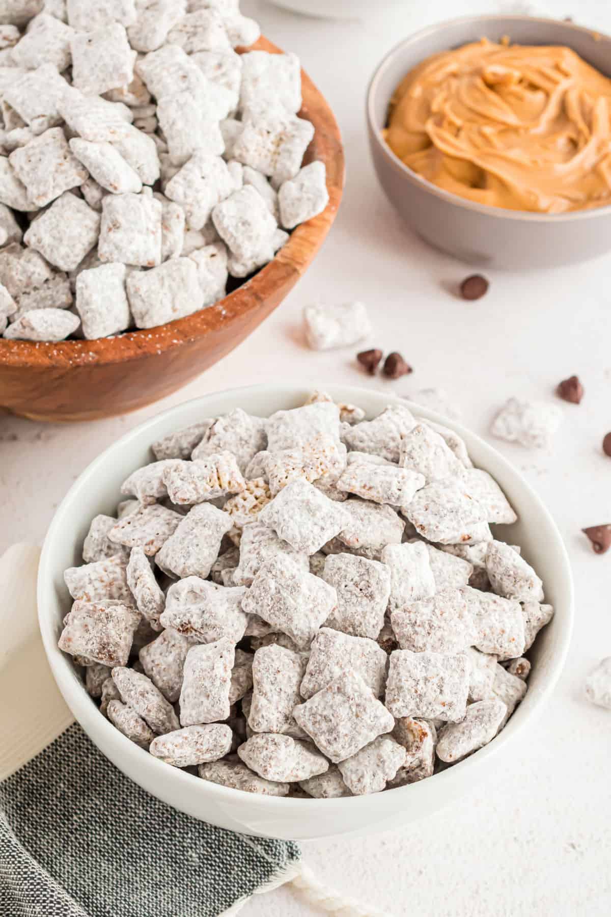 Puppy chow in a bowl for serving.