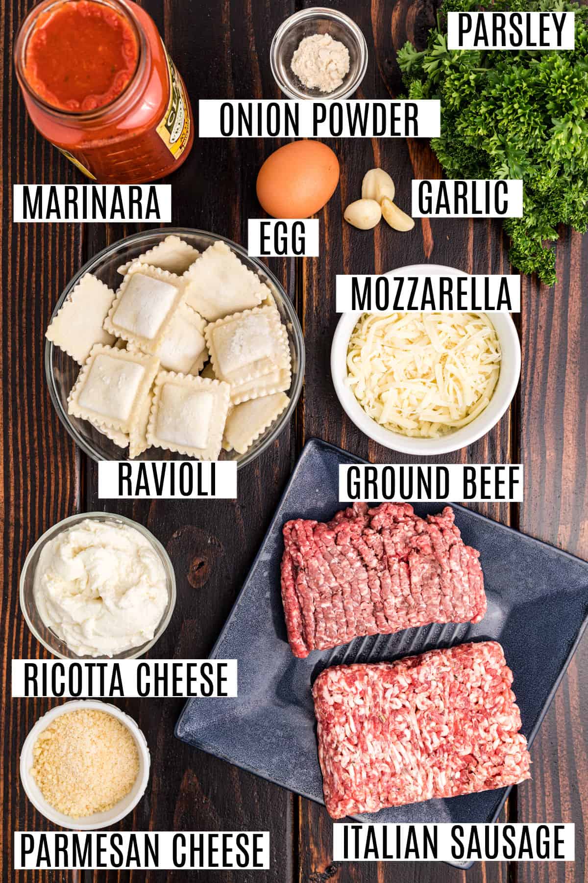 Ingredients needed for ravioli lasagna recipe.