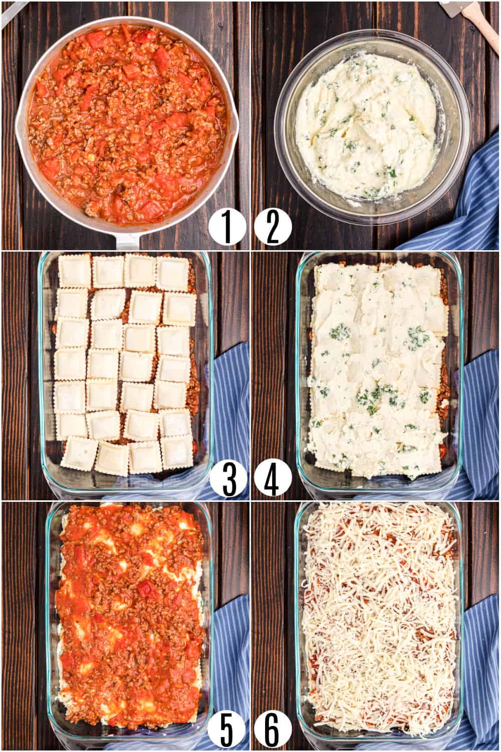Step by step photos showing how to make ravioli lasagna casserole.