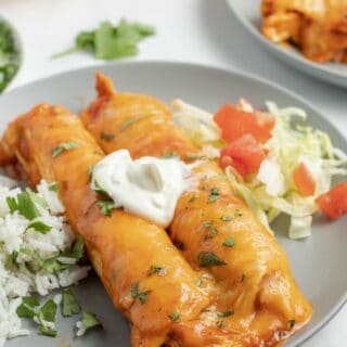 Enchiladas with sour cream, lettuce, tomato, and cilantro rice.