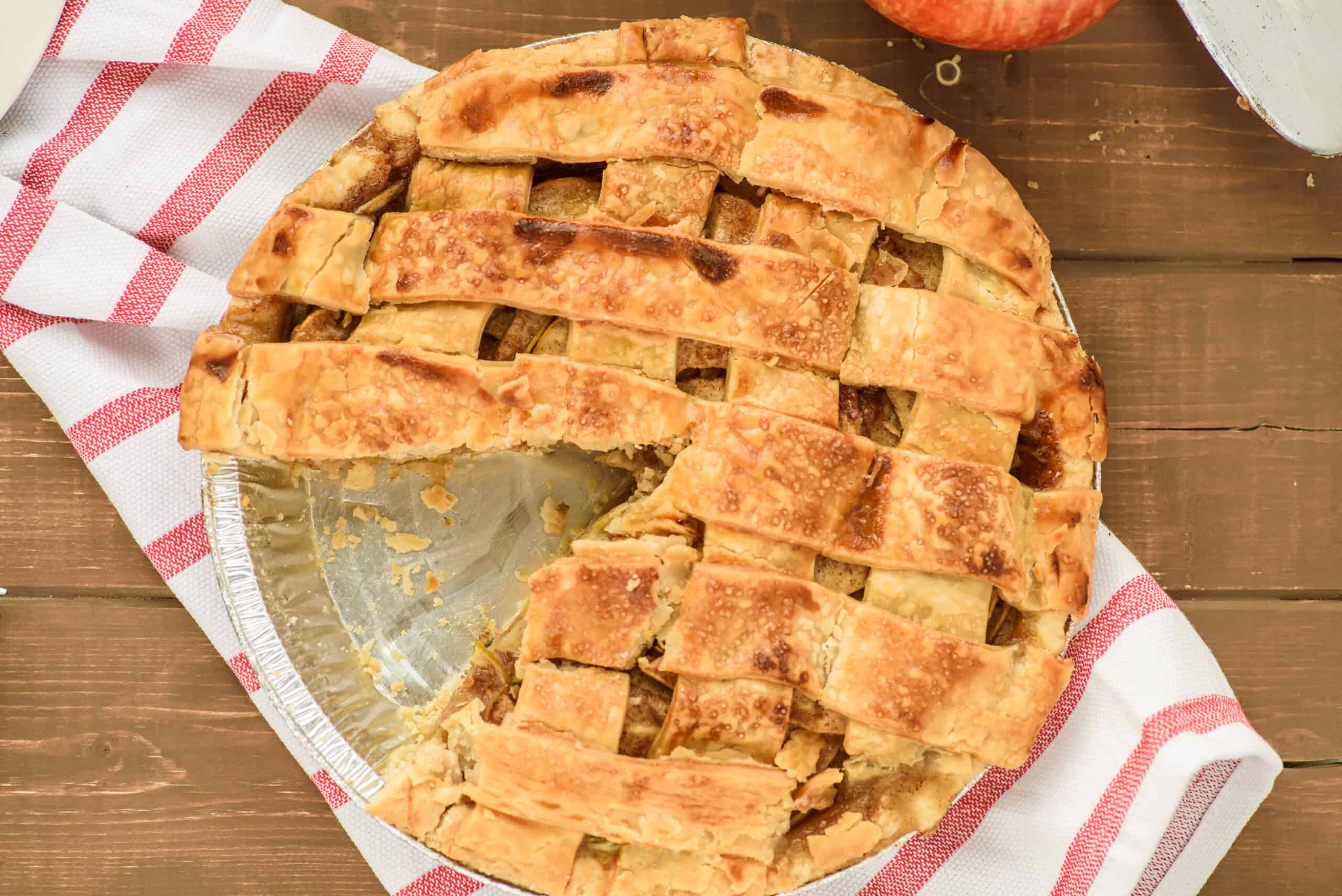 Apple Pie with lattice top. One slice removed.