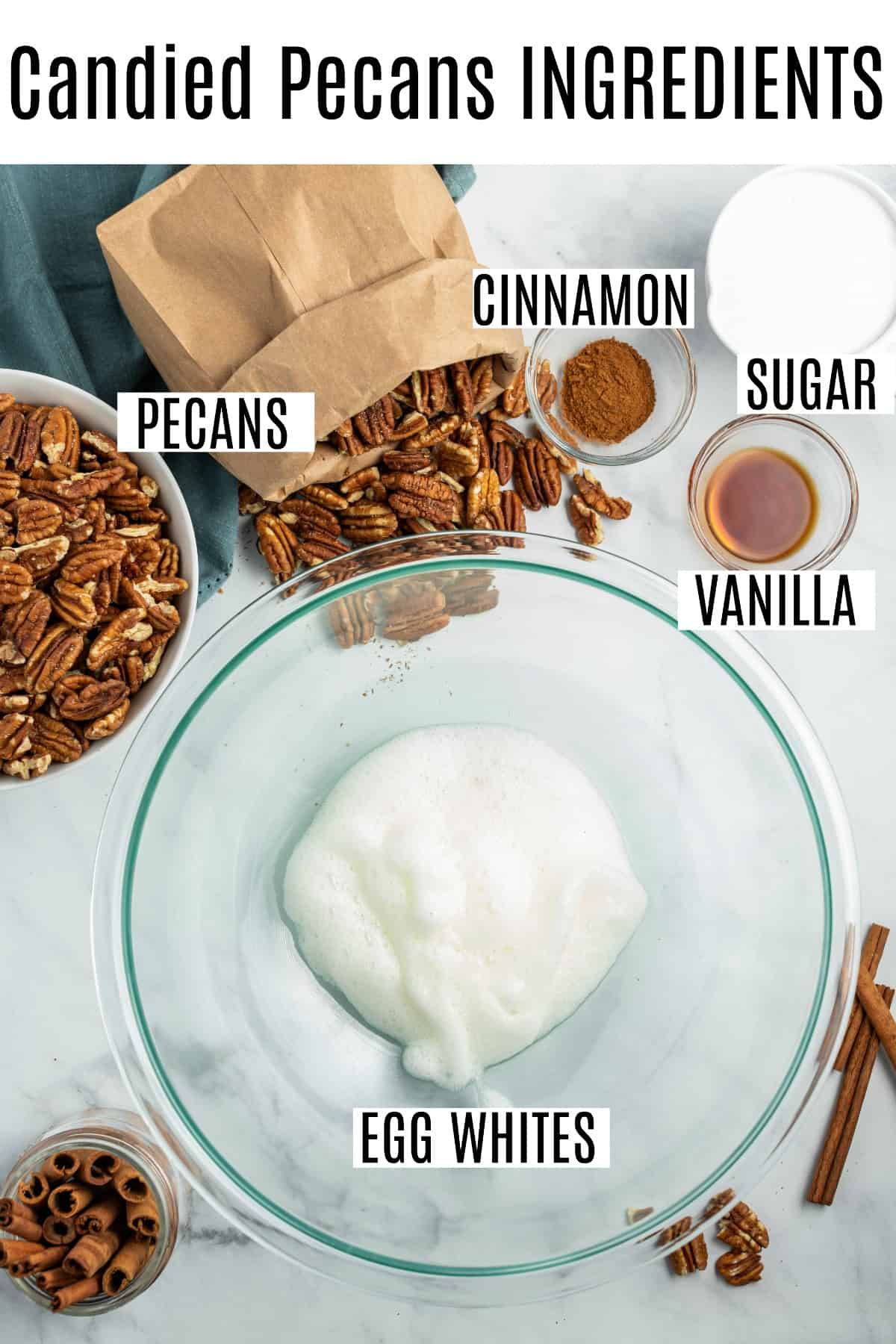 Ingredients needed for candied pecans, including egg whites, sugar, and cinnamon!