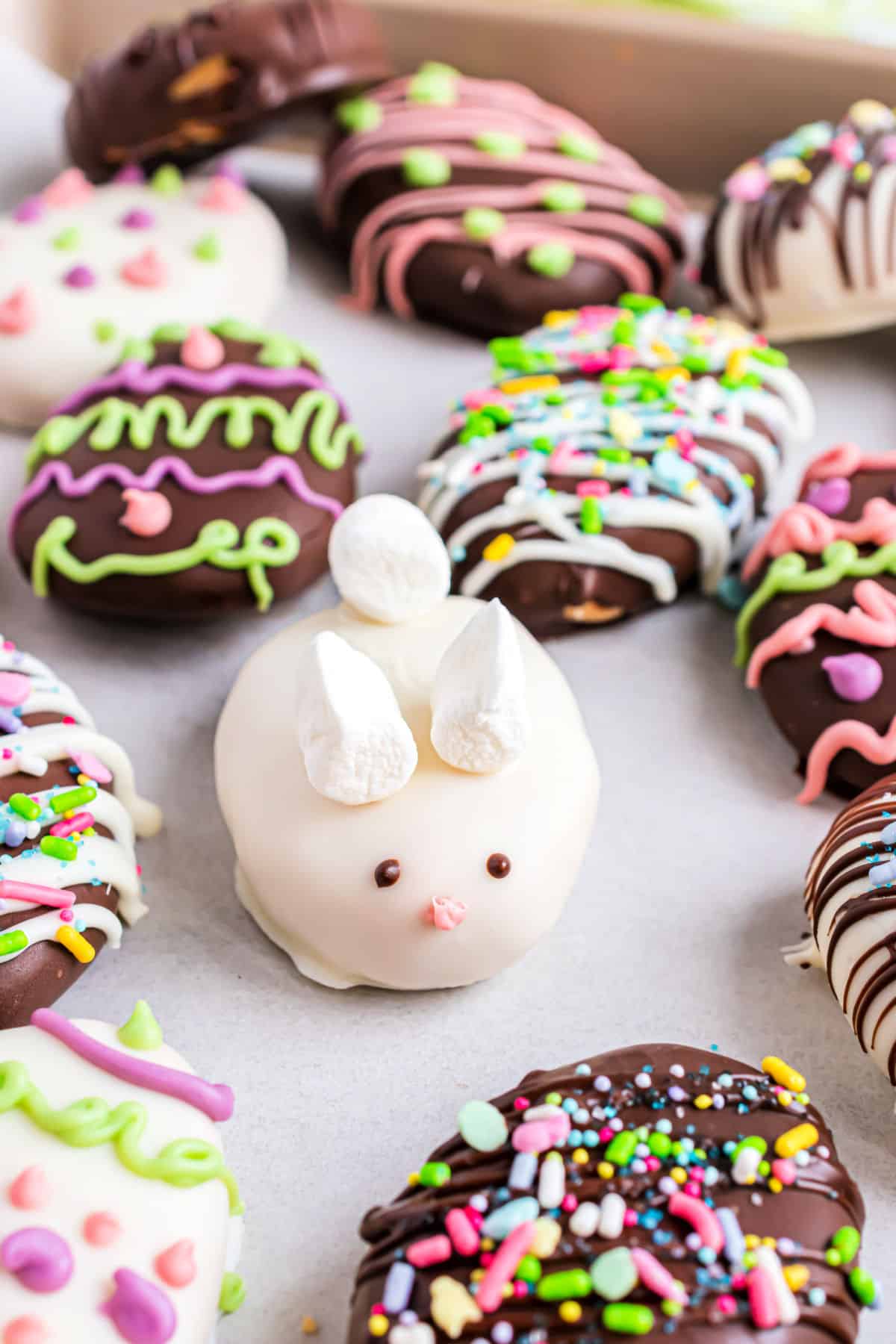 Homemade peanut butter eggs and bunnies dipped in chocolate.