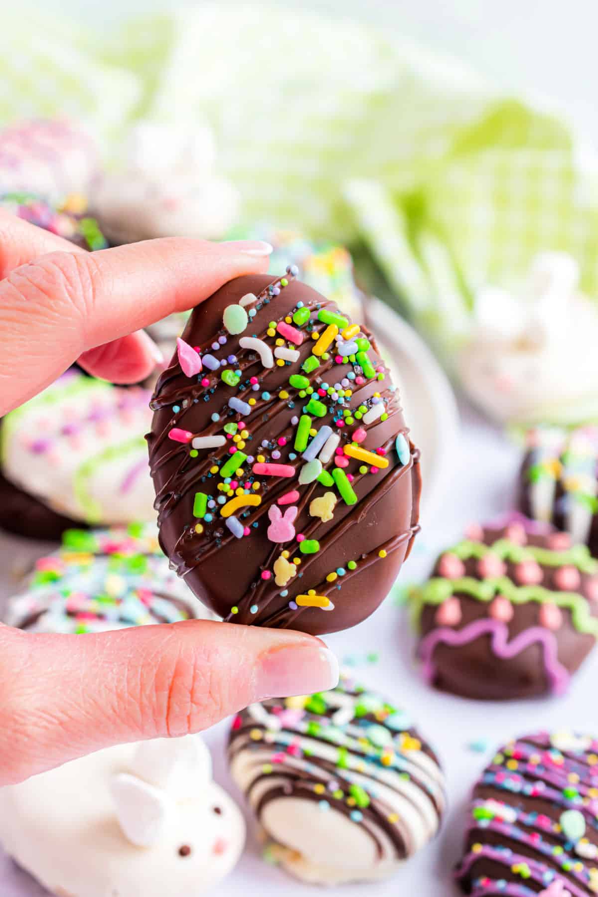 Chocolate coated peanut butter egg with festive sprinkles.