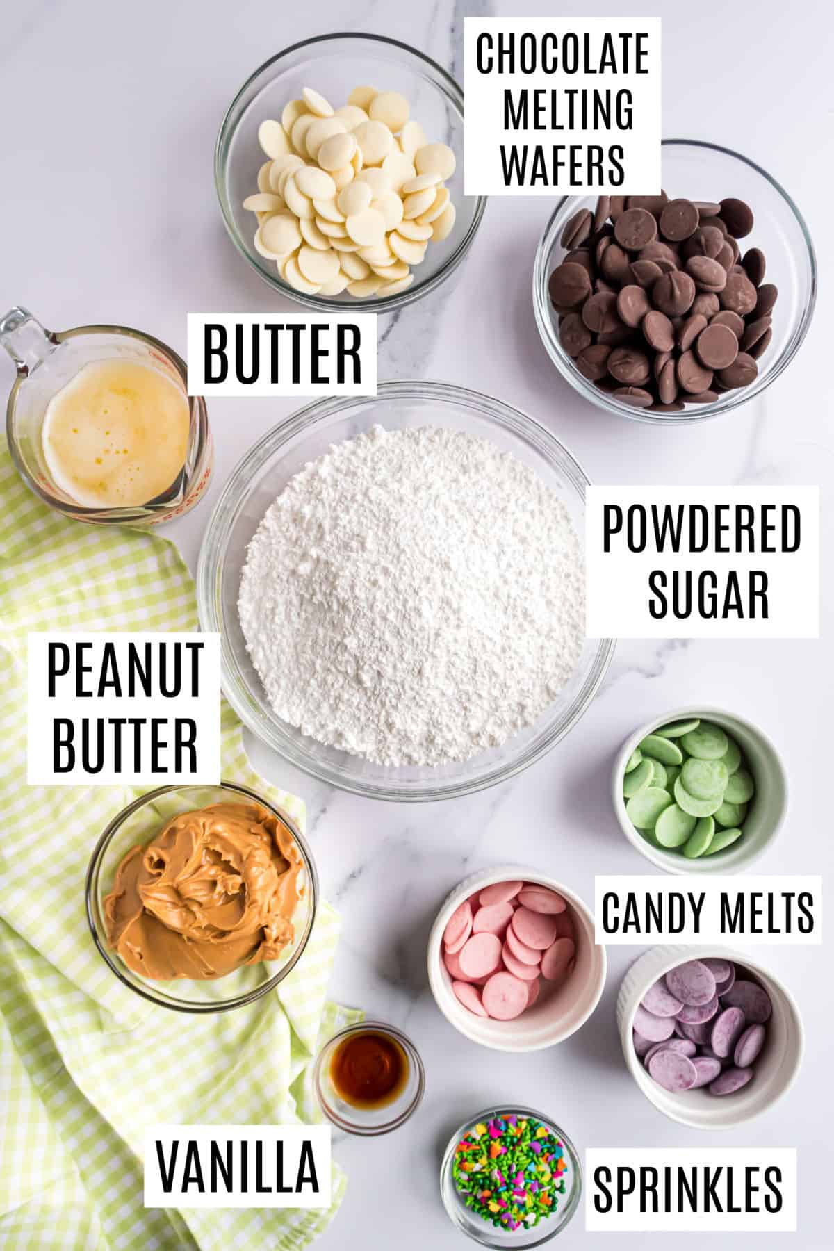 Ingredients needed to make chocolate peanut butter eggs.