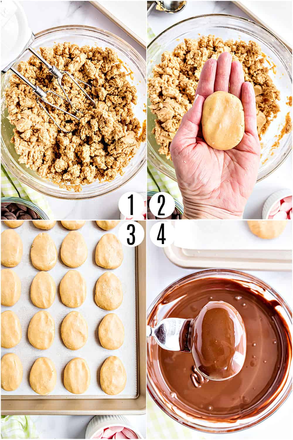 Step by step photos showing how to make peanut butter eggs.