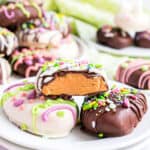 Love Reese's eggs? Make them at home with this fun easy Chocolate Peanut Butter Eggs recipe! Creamy peanut butter filling with rich chocolate coating. Decorated with fun spring colors.