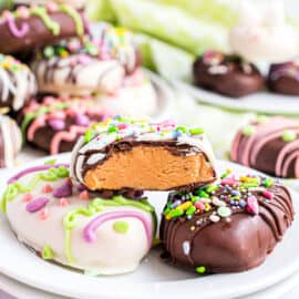 Love Reese's eggs? Make them at home with this fun easy Chocolate Peanut Butter Eggs recipe! Creamy peanut butter filling with rich chocolate coating. Decorated with fun spring colors.
