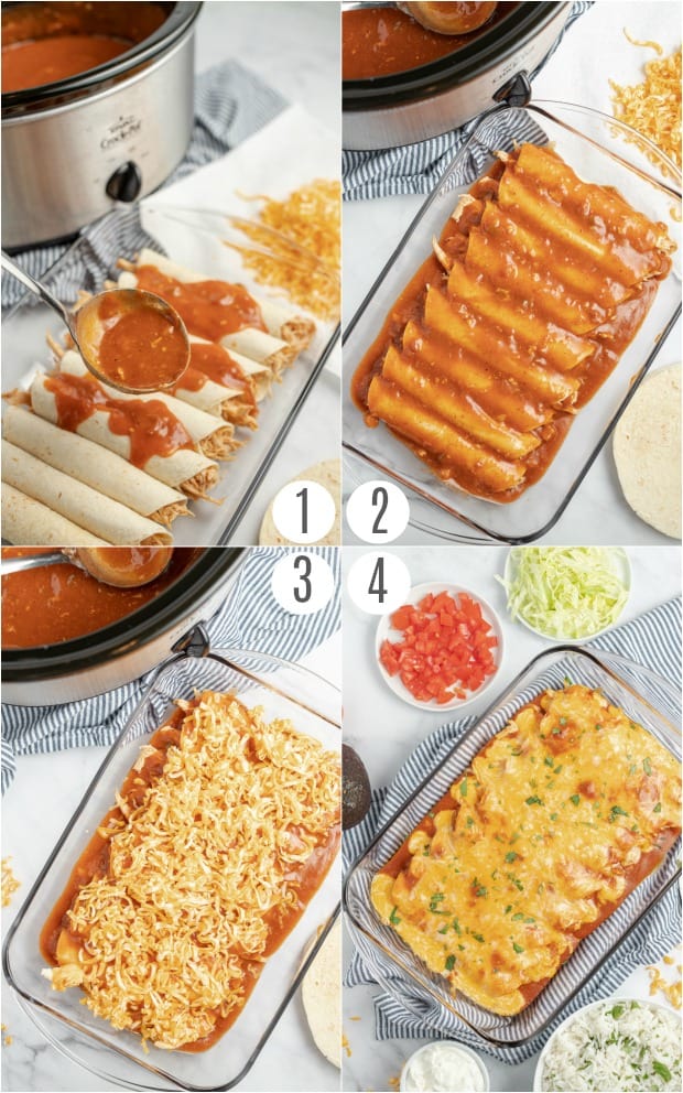 Step by step photos for baking crockpot enchiladas.