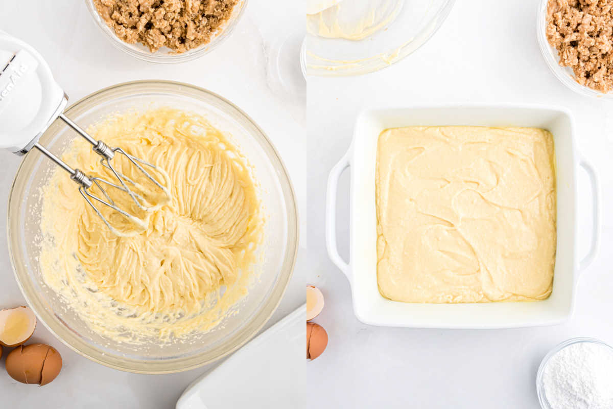 Electric mixer blending crumb cake batter in a glass bowl; batter spread in a square baking dish, eggs nearby.