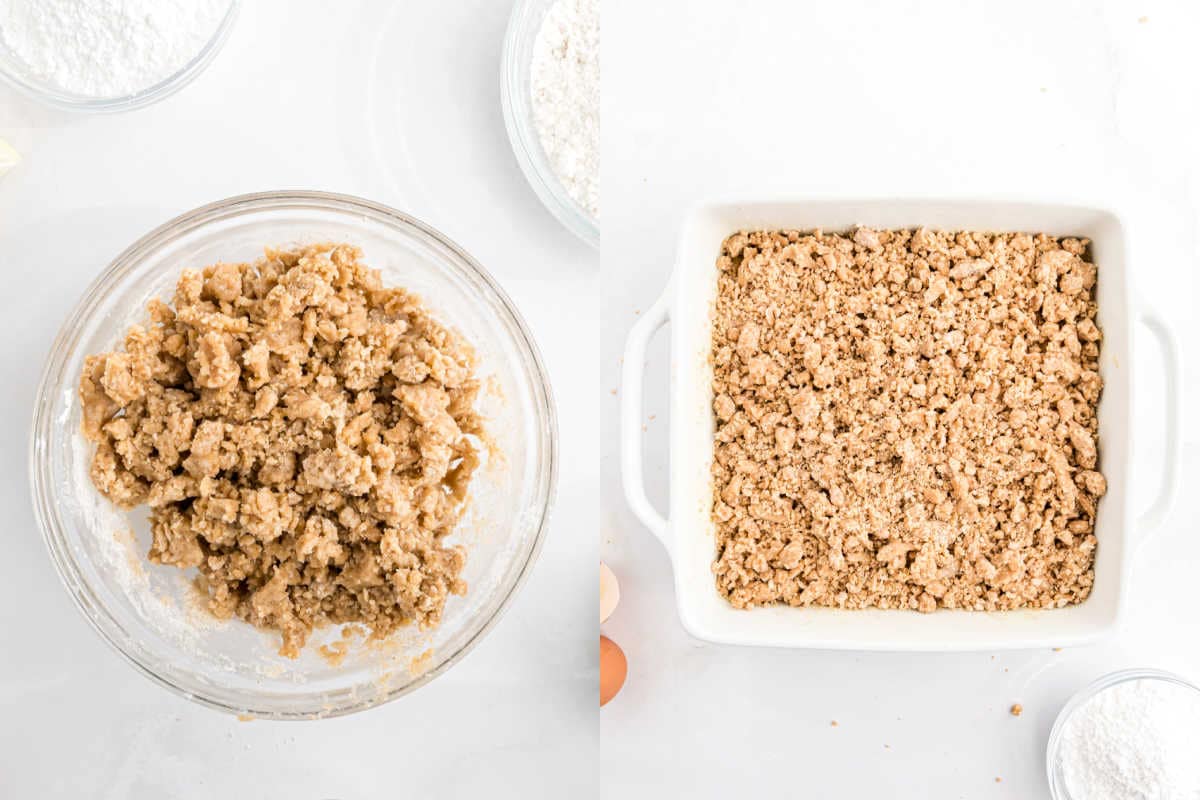 Crumb cake dough in a glass bowl, crumbly and ready to use, is spread evenly in a square white baking dish on a white surface.