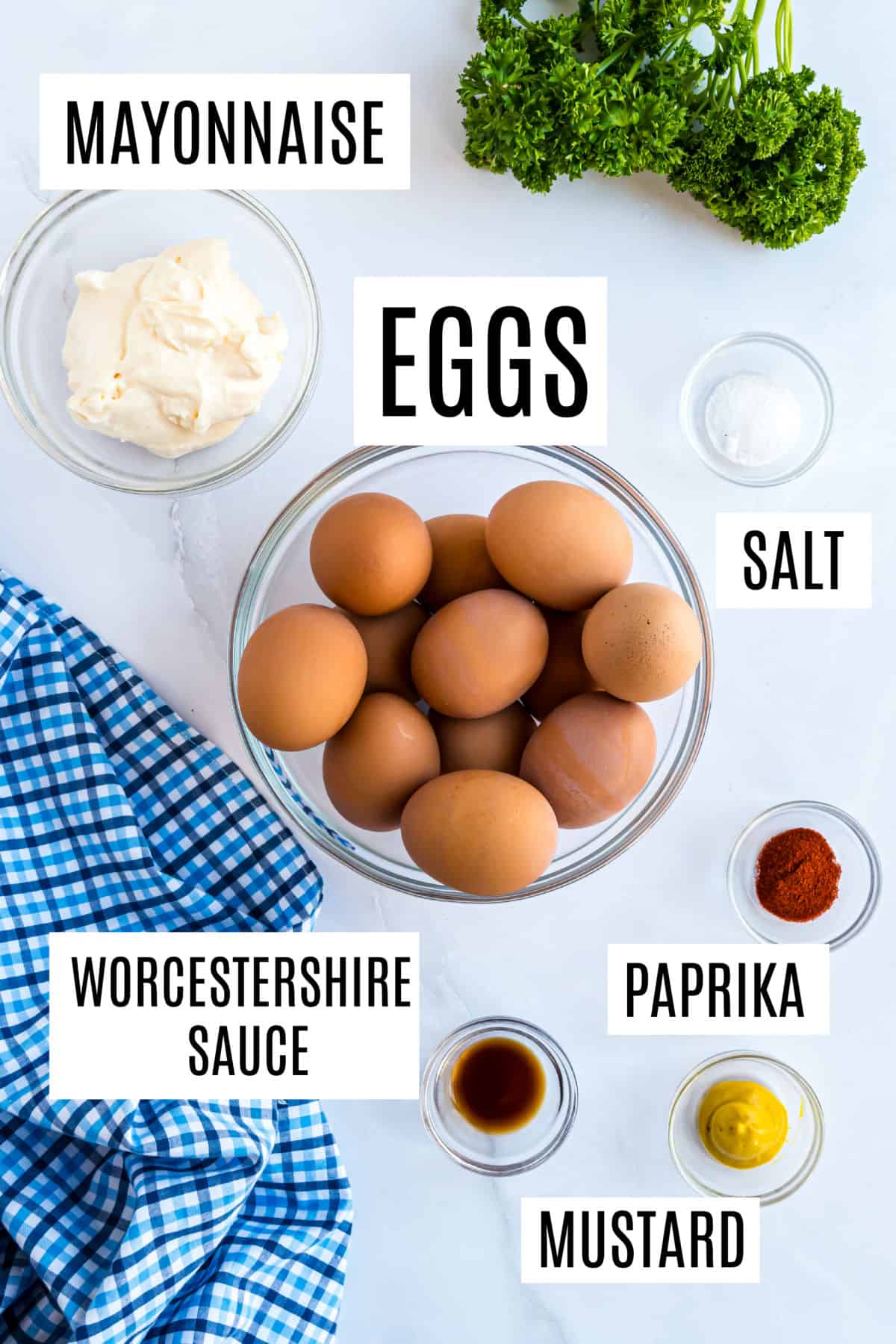 Ingredients to make deviled eggs.