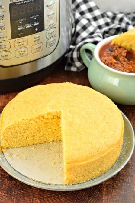 Cornbread made in the Instant Pot. Dunked in a bowl of chili.