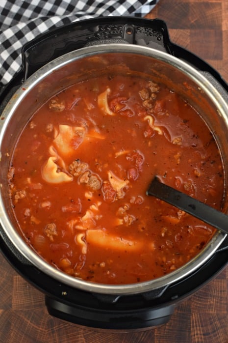 Instant Pot filled with rich tomato Lasagna Soup.